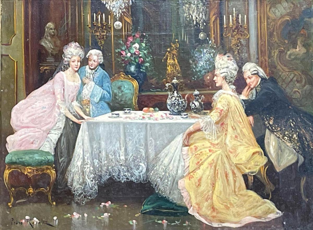 Pedro Rosaliz, Painting On Canvas Of Formal Tea w/ Gilt Frame