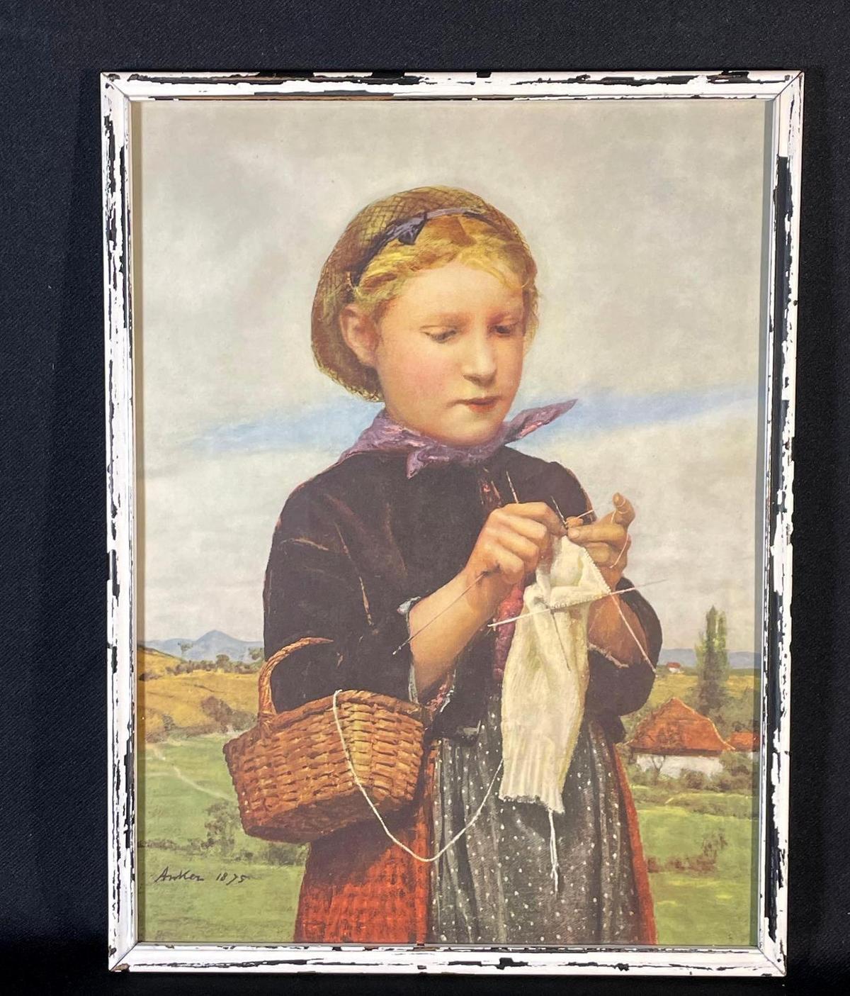 Albert Ankler's "Girl Knitting" signed & framed