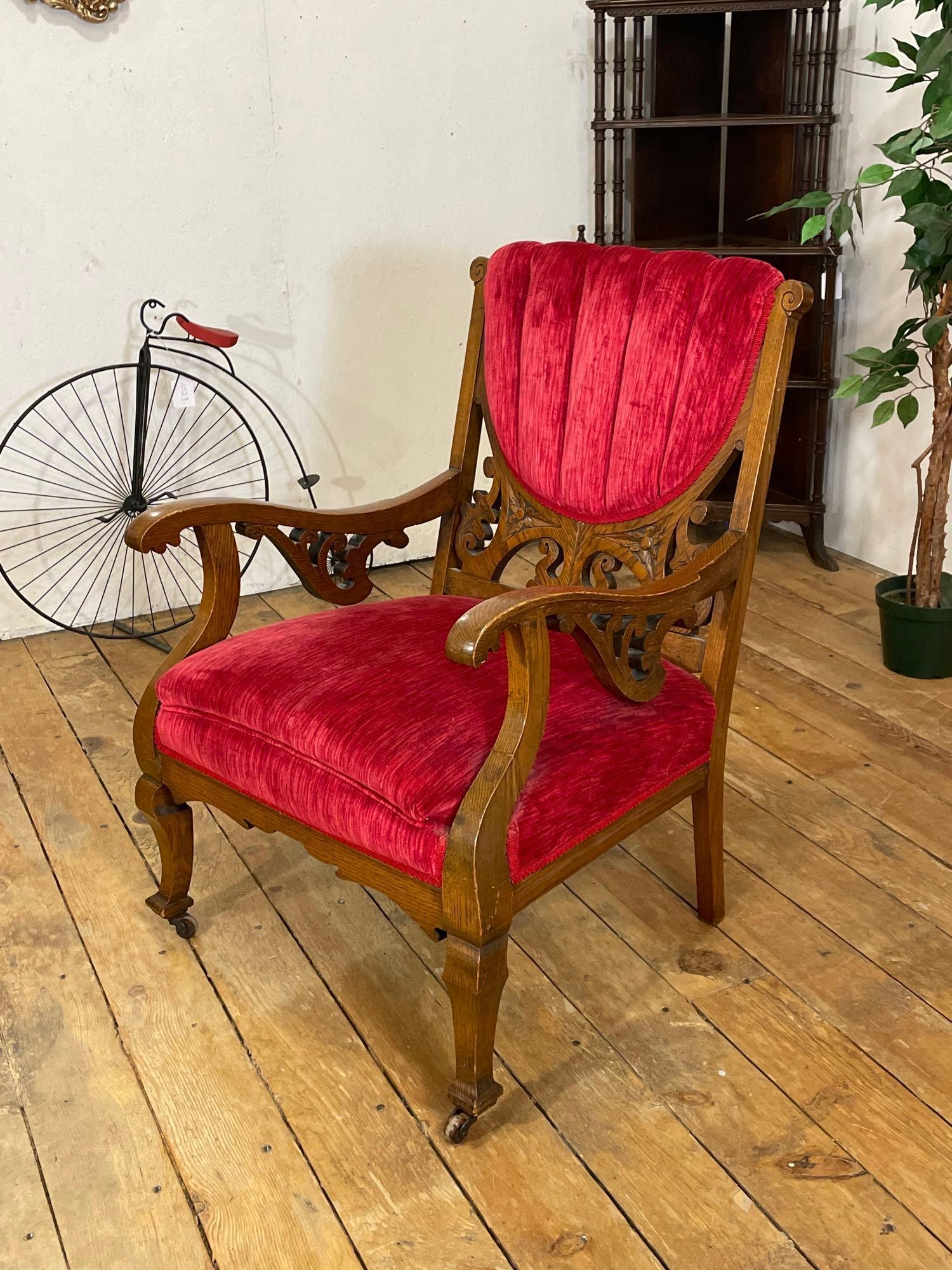 1901 Vintage Oak and Red Velvet Parlor set with chair and two settees.