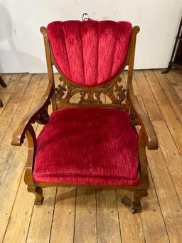 1901 Vintage Oak and Red Velvet Parlor set with chair and two settees.