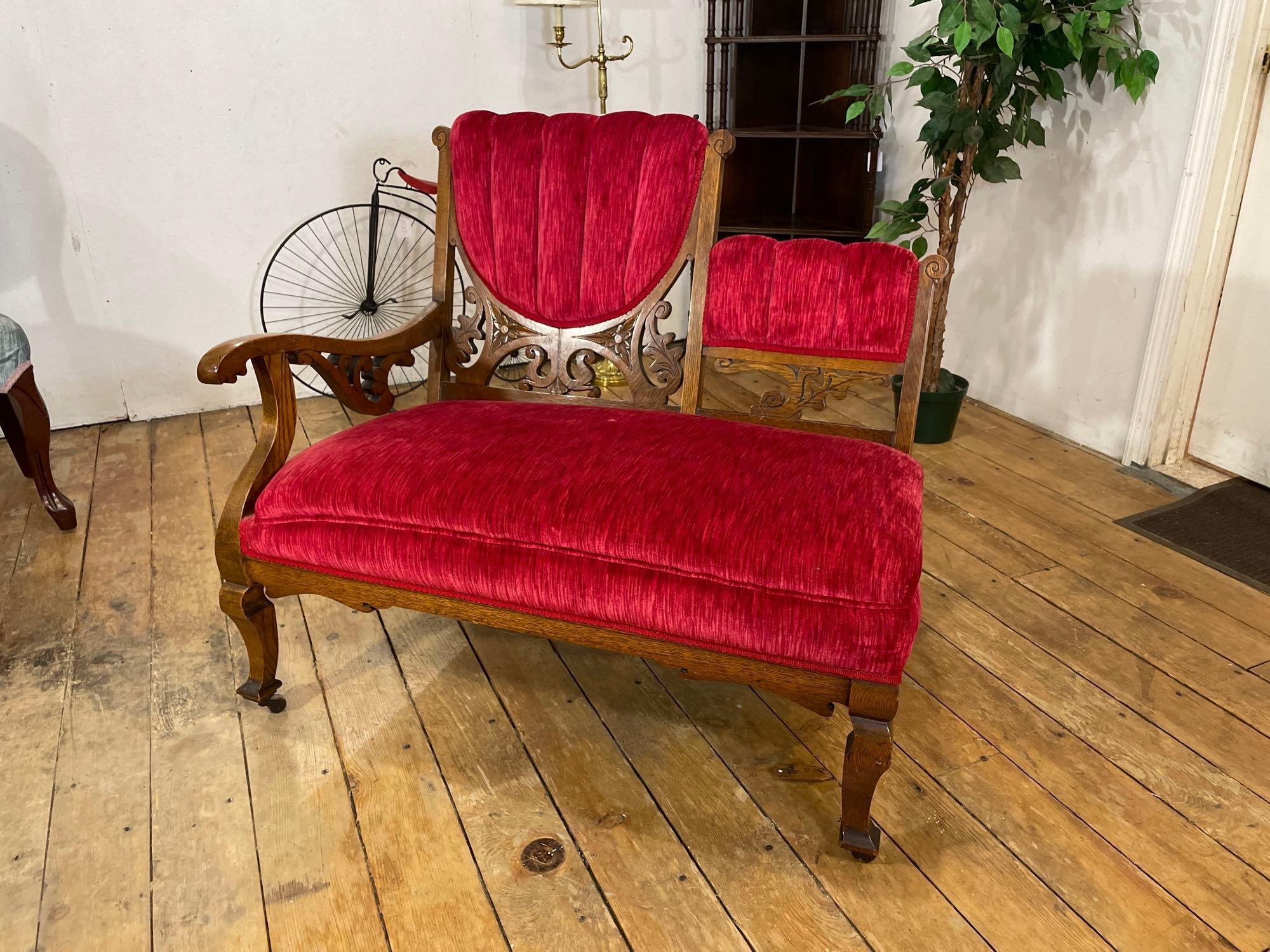 1901 Vintage Oak and Red Velvet Parlor set with chair and two settees.