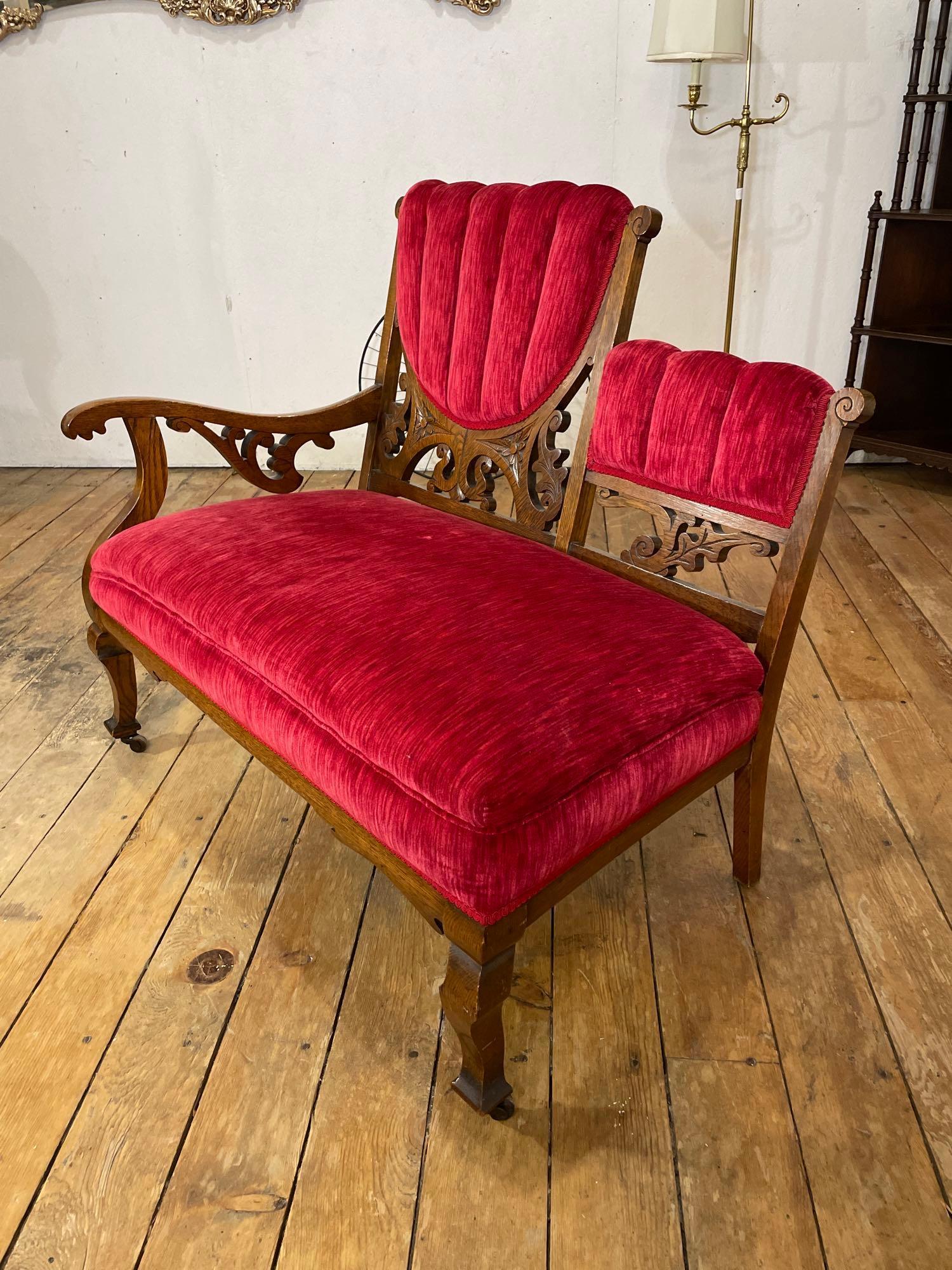 1901 Vintage Oak and Red Velvet Parlor set with chair and two settees.