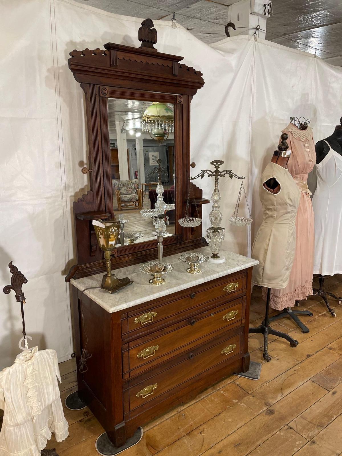 Antique Mirror Back Marble Top Walnut Dresser,