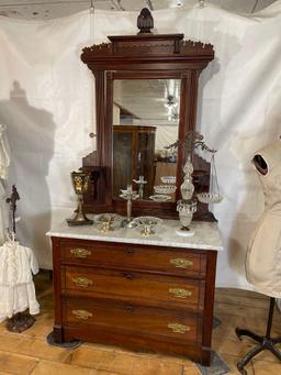 Antique Mirror Back Marble Top Walnut Dresser,