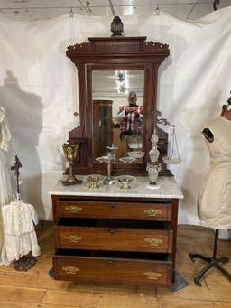 Antique Mirror Back Marble Top Walnut Dresser,