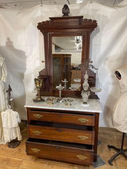 Antique Mirror Back Marble Top Walnut Dresser,