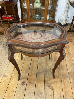 Ornate French Oak & Glass Shadowbox Table w/ Hinge Top, Mahogany