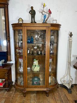 Solid Oak curved glass China cabinet, mirrored bottom plus 3 glass shelves