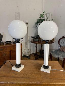 Pair Of Milk Glass Table Lamps w/ Globe Shades