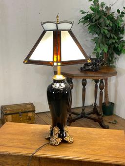 Black Heavy Enameled Lamp w/ Egyptian Motif Feet & Slag Glass Shade