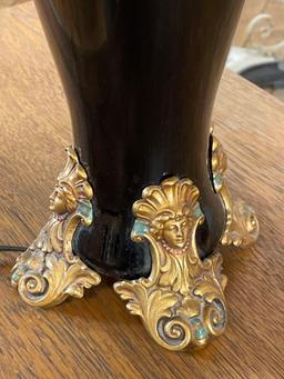 Black Heavy Enameled Lamp w/ Egyptian Motif Feet & Slag Glass Shade