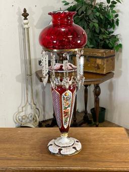 Bohemian Cranberry Glass Oil Lamp Luster