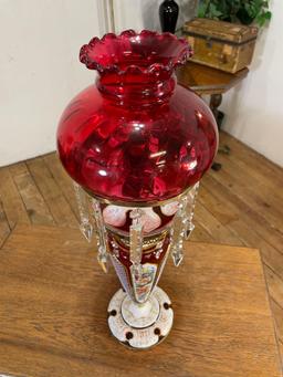 Bohemian Cranberry Glass Oil Lamp Luster