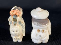 Pair Of Netsuke Carved Figurines, Signed On Base