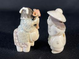 Pair Of Netsuke Carved Figurines, Signed On Base