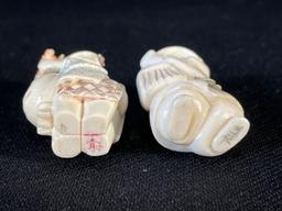 Pair Of Netsuke Carved Figurines, Signed On Base