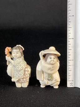 Pair Of Netsuke Carved Figurines, Signed On Base