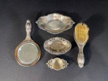 Ebonoid Vanity Brush & Mirror Pat. 1904 Quadraplate Silver, (2) Silver Plated Vanity Dishes