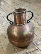 Large antique hand hammered dovetail seamed copper jug w/ iron handles