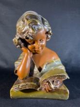 Chalk-ware Figurine Of Girl Reading Book 12"h