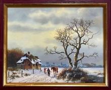 Vigner, Painting On Canvas Of Winter Farm Scene, Gilt Frame