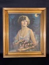 Antique Victorian framed picture w/ girl in blue dress & pink roses