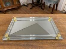 Studio Silversmiths Beveled Mirror Vanity tray 14" W x 9" H with Glass & Brass Rails