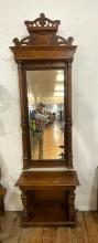 Antique Hall tree w/ pillared beveled mirror, quarters awn solid walnut