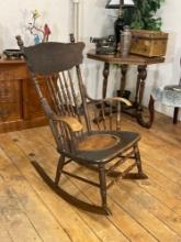 Spindle Back Rocking Chair, leather inset seat (fragile), flying Dragons pressed back