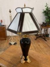 Black Heavy Enameled Lamp w/ Egyptian Motif Feet & Slag Glass Shade