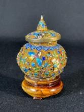 Japanese Or Chinese Open Champleve Lidded Incense Jar Over Pierced Gold Mesh w/ Stand