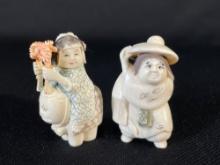 Pair Of Netsuke Carved Figurines, Signed On Base