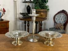 Silver Plated Candle Stick Holder & (2) Compotes
