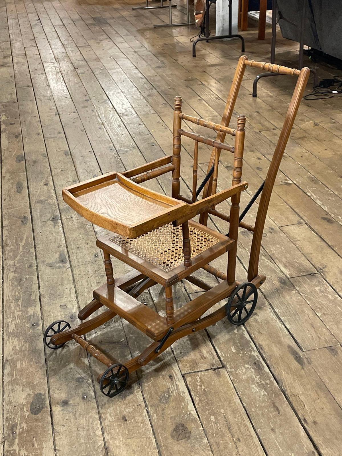 Antique Waite styled high chair/ stroller w/ cast iron wheels