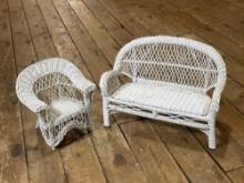 (2) Vintage hand painted wicker doll arm chair & bench