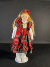 16" Plaid dressed bisque doll w/ blonde hair