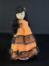 12" Crocheted floral dressed doll w/ stand