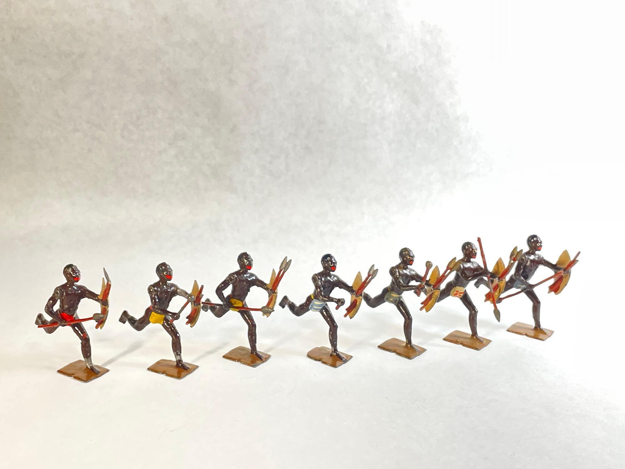 W. Britain "Africa's Savage Warriors Zulus," 7-Pc Lead Figurine Set w/ Original Box No. 147