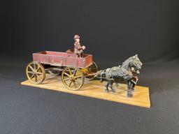 Antique Kenton Toys cast iron horse & buggy mounted to wood plank