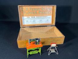 D.M. Ferry & Co's. Flower Seeds Salesman Box Pat. 1906, Toy Sewing Machine & Cloths Ringer