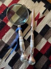 Mother of Pearl and silver letter opener and magnifying glass