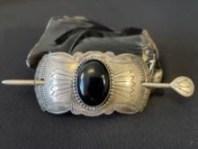 Sterling Silver Hair Barrett with Onyx Stone