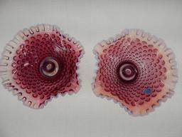 8" PAIR OF PLUM OPAL HOBNAIL CANDLE BOWLS