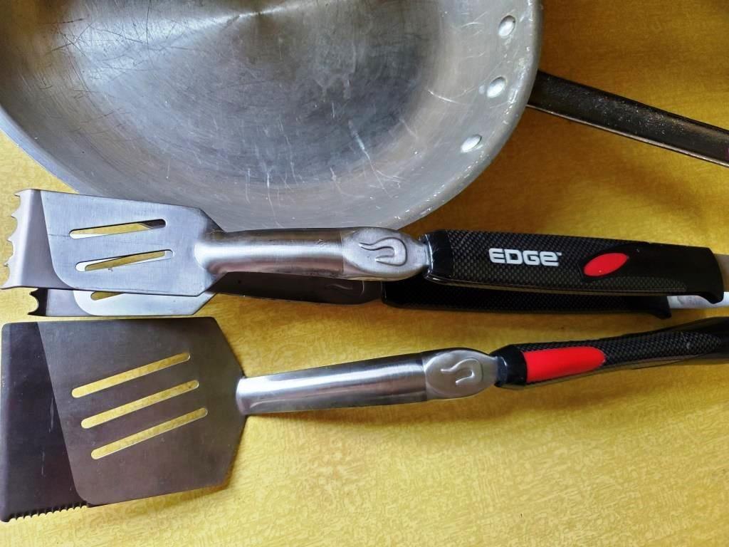 Grilling utensils and large pan