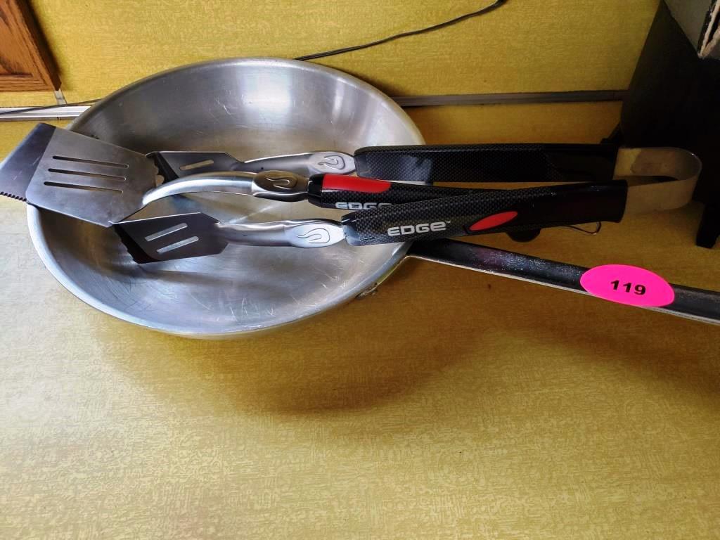 Grilling utensils and large pan