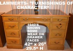 1940's LEATHER INLAY KNEEHOLE DESK by LAMMERTS FURNISHINGS OF CHARACTER