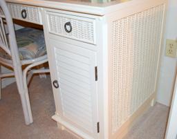 QUALITY WOOD & WICKER DESK & UPPER STORAGE UNIT WITH LIGHT AND SHELVES. NICE!!