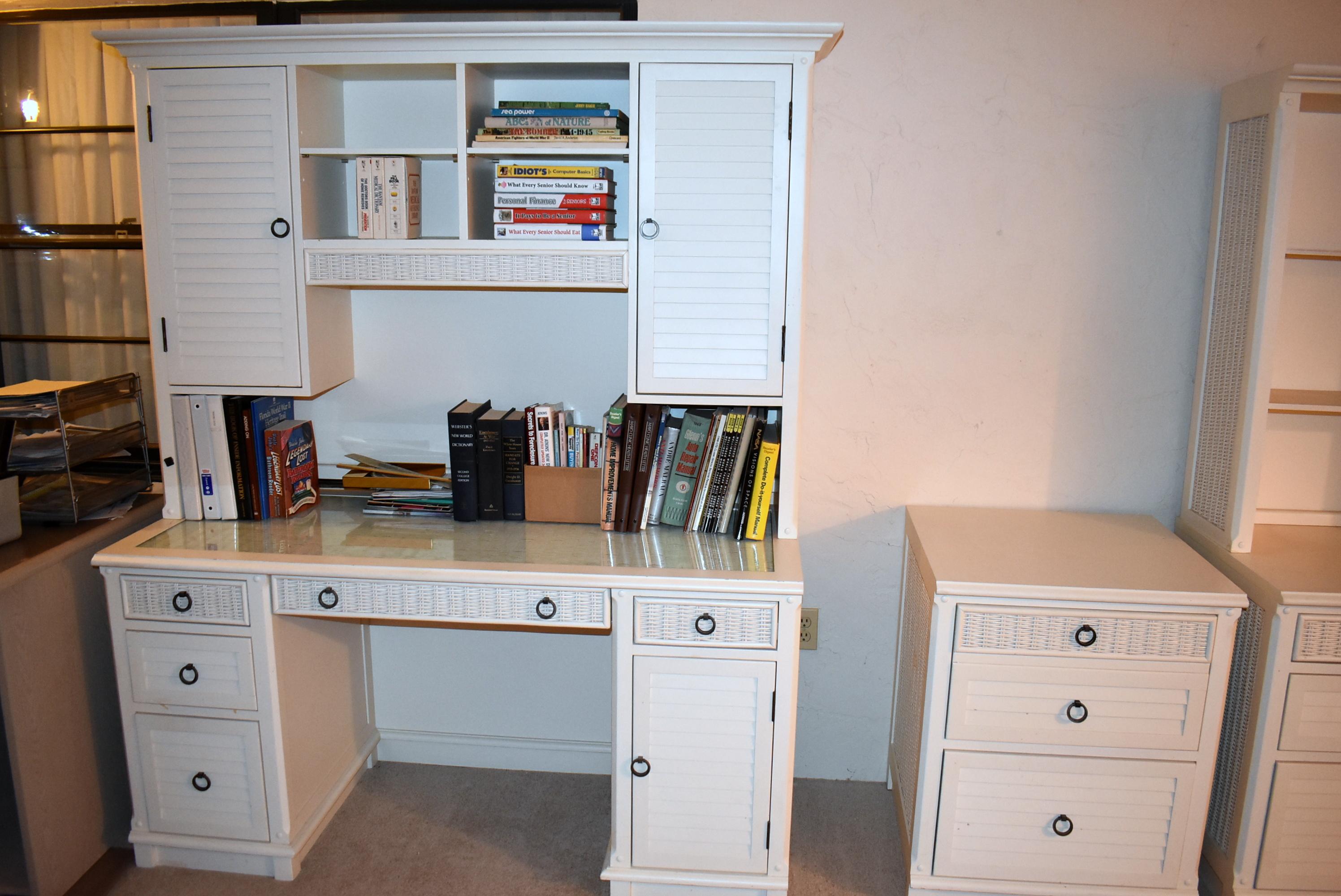 QUALITY WOOD & WICKER DESK & UPPER STORAGE UNIT WITH LIGHT AND SHELVES. NICE!!