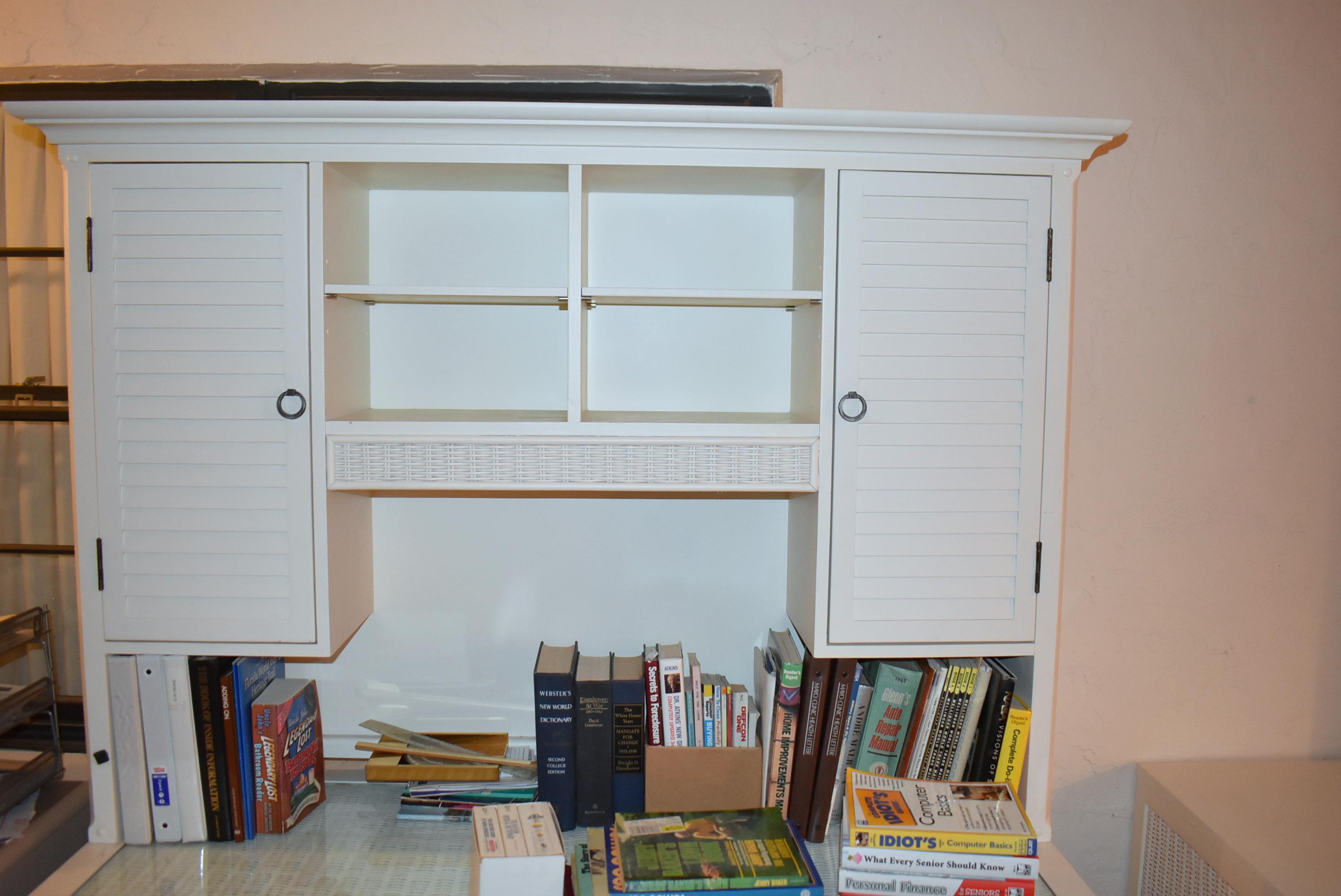 QUALITY WOOD & WICKER DESK & UPPER STORAGE UNIT WITH LIGHT AND SHELVES. NICE!!