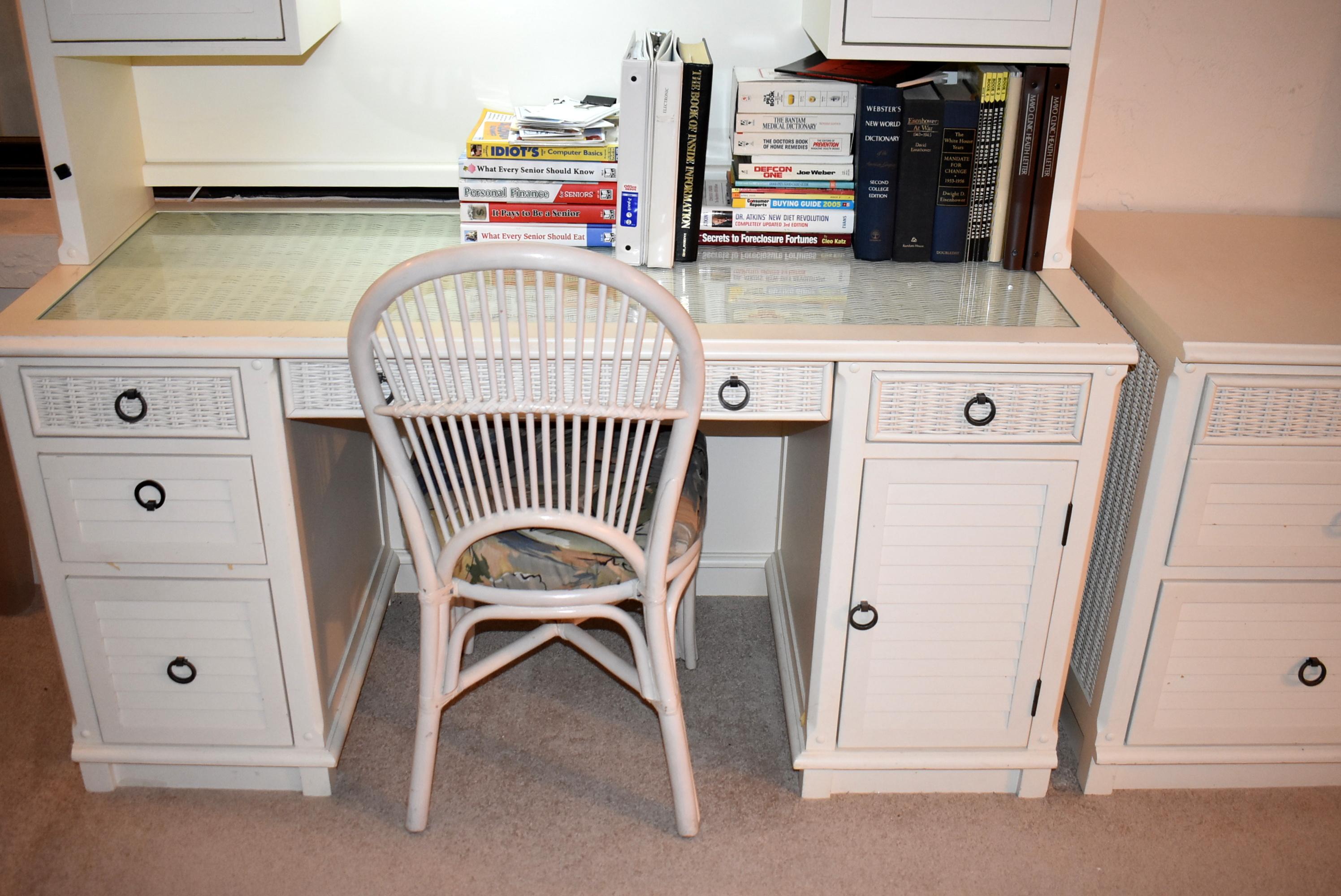 QUALITY WOOD & WICKER DESK & UPPER STORAGE UNIT WITH LIGHT AND SHELVES. NICE!!